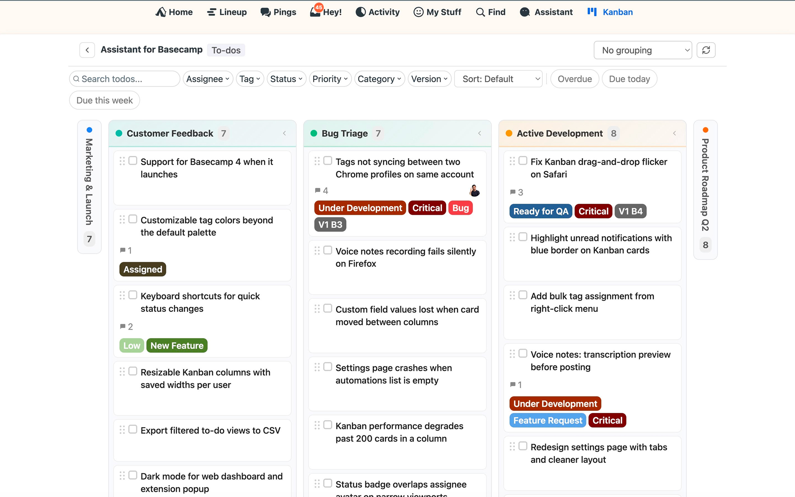 Assistant for Basecamp — Kanban board view rendered inside Basecamp