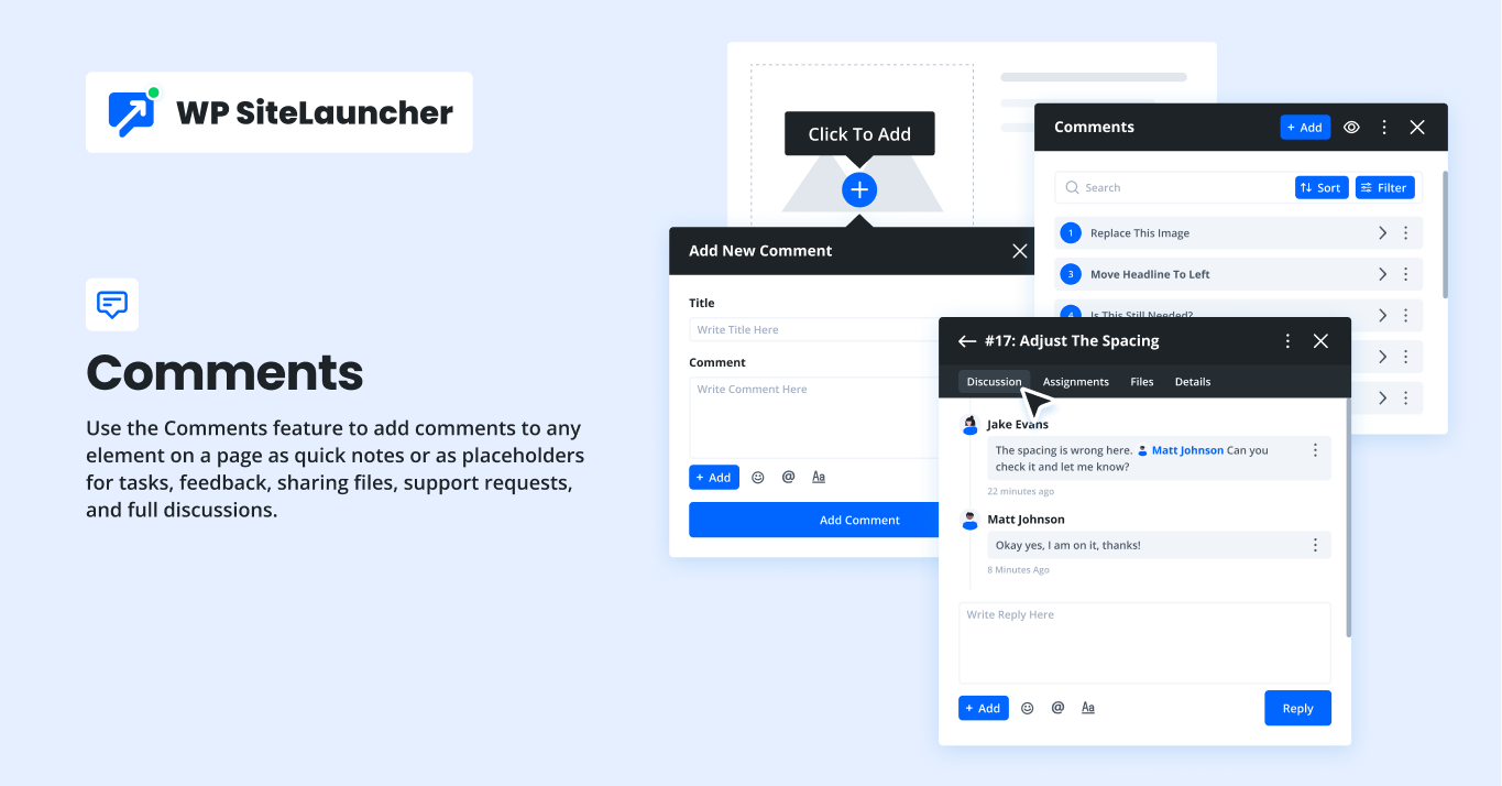 Figma-style page comments inside WordPress — leave feedback directly on live pages and convert to tasks