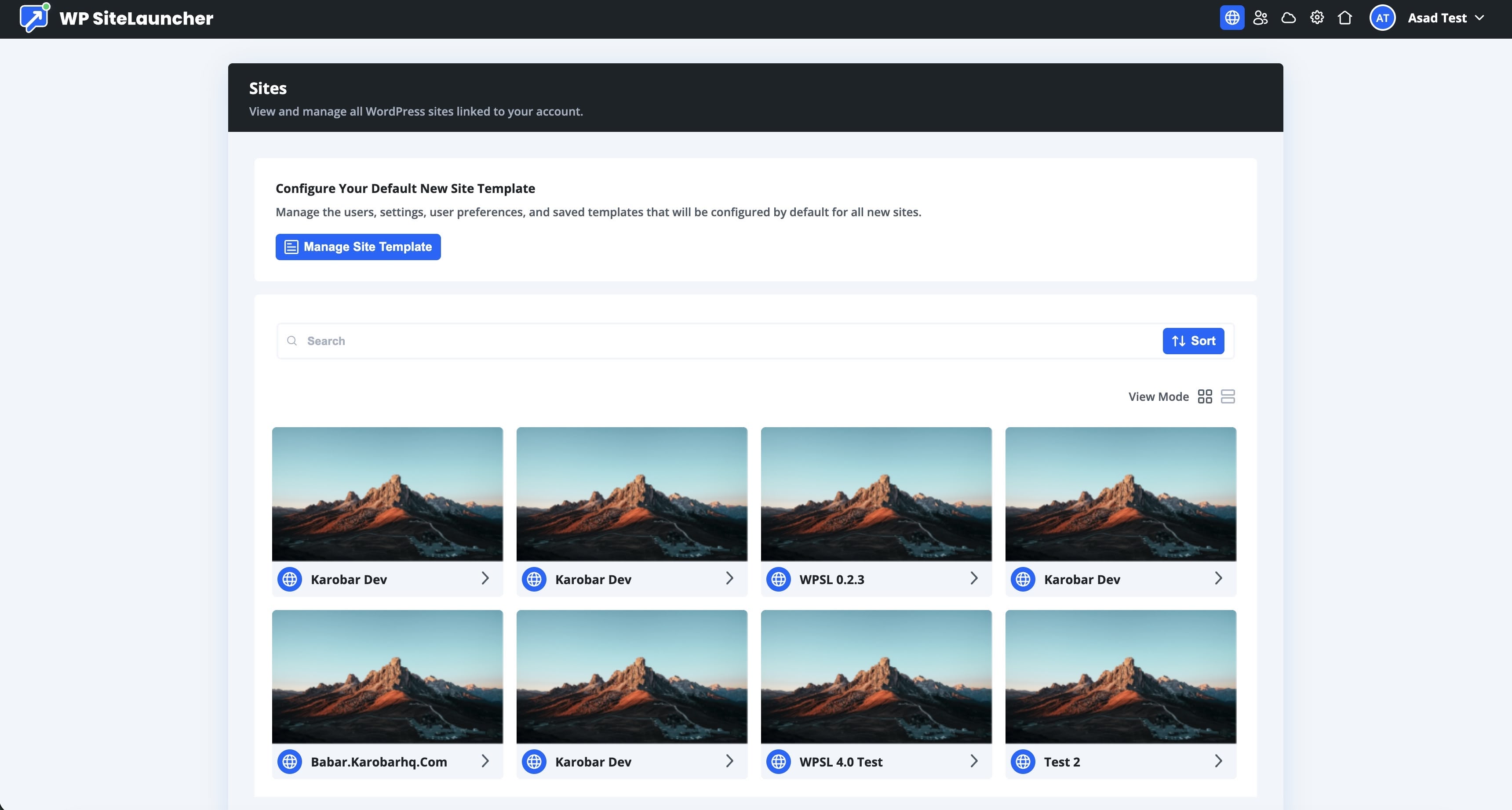 WP SiteLauncher React dashboard — agency-facing control center for multi-site management